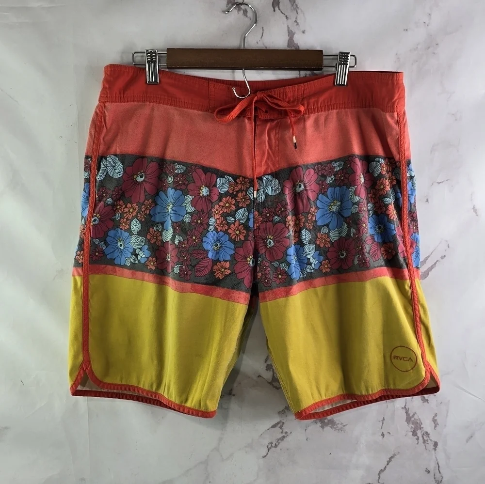 RVCA Swim Trunks Mens 34 Red Yellow Floral Board Shorts Lace Up Vintage